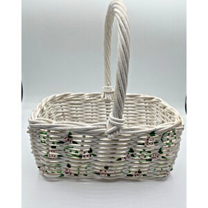 Vintage White Wicker Basket w/ Flower Accent Home Interiors Made in Philippines
